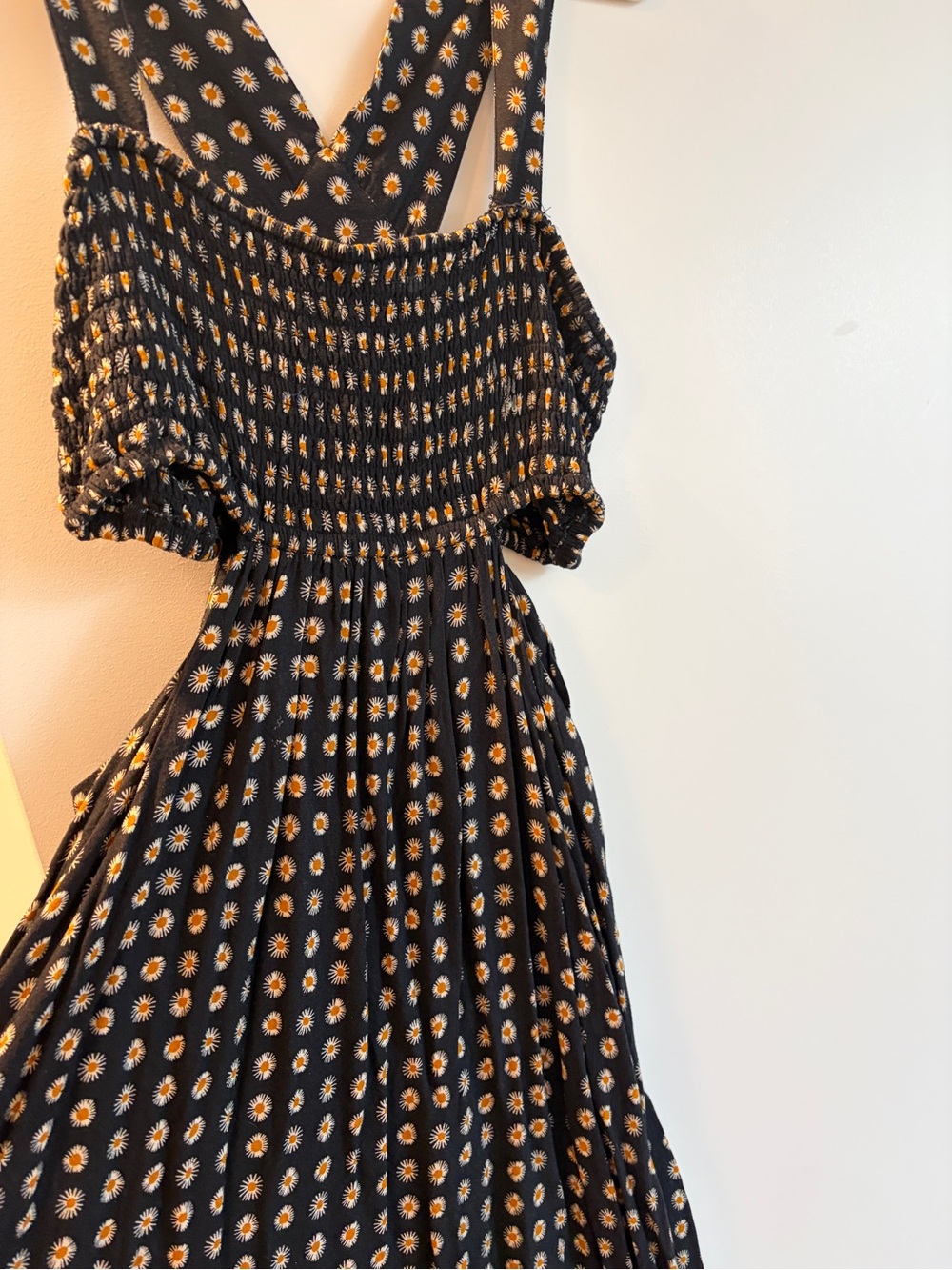 Black Floral Smocked side cut out mini Dress with Wide Straps - Picture 3 of 5